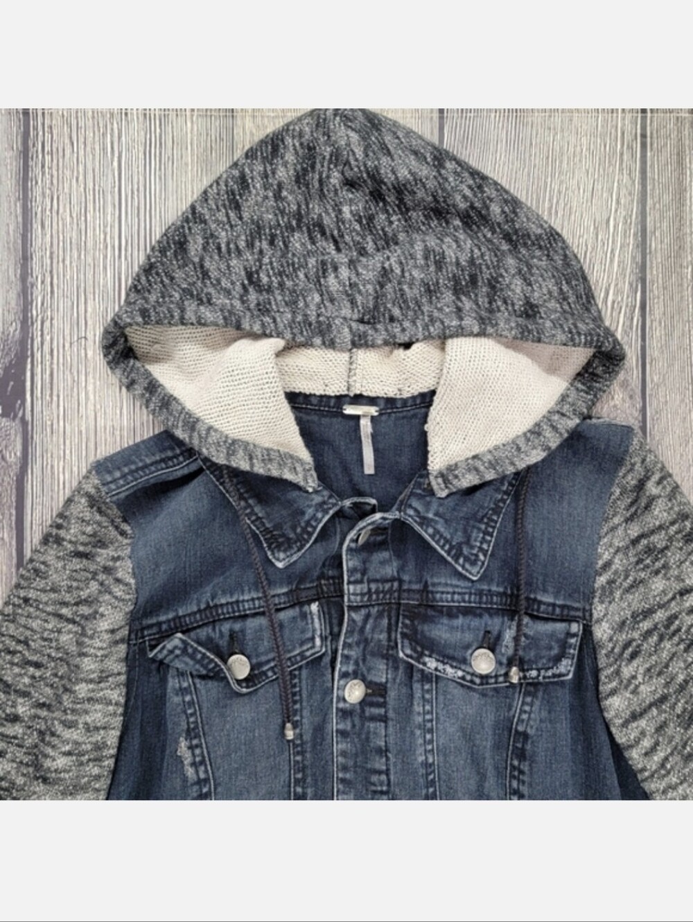 Free People Distressed Denim Jacket With Knit Sleeves and Hood - Picture 4 of 11